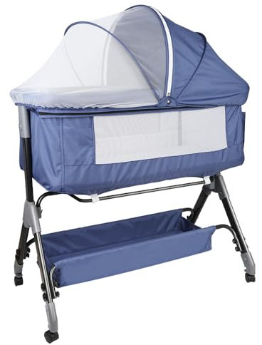 HUOLE 3 in 1 Beistellbett & Babywiege & Reisebett, 4-stufig Höhenverstellbares Babybett, neigbar, Kinderbett, Stubenwagen für Babys bis 25kg belastbar-104 x 52 x 100–110 cm – Marineblau
