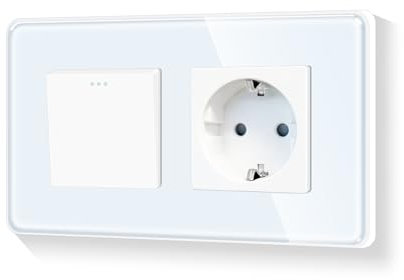 LIAONFOY Runde Schuko 1 Fach 1 Weg Unterputz Lichtschalter Glas panel Tasten Schalter Ein Aus Schalter mit Einzelsteckdose Weiß 110-250V 157mm