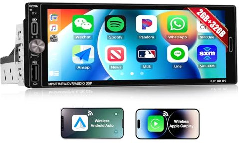 CAMECHO 2G+64G Single Din Car Stereo Android 13 Head Unit with Wireless CarPlay Android Auto 6.9 Touchscreen 1 Din Car Radio with Bluetooth 5.0 16EQ GPS WIFI FM Mirror Link + Type-C/USB/SWC