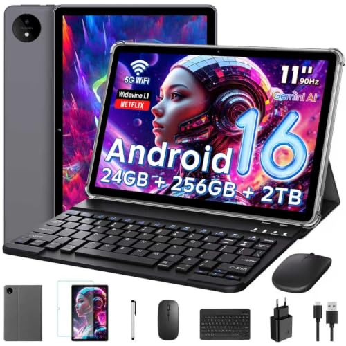 Raemond Android 16 Tablet 11 Inch with Gemini AI, T7250 Octa-Core 24GB RAM | 256GB ROM /2TB TF, 16MP+8MP, 1920x1200 IPS HD Display, 8000mAh, Widevine L1, GPS, 2 in 1 Tablets with Keyboard Mouse Stylus