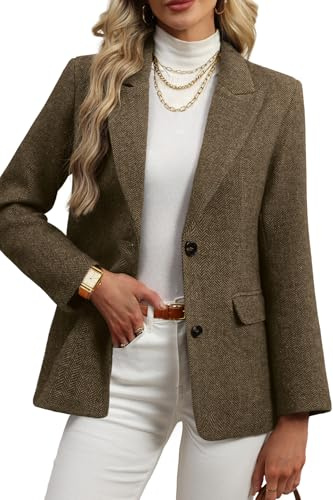 ELLEVEN Wool Blend Tweed Blazers for Women Boyfriend Herringbone Fall Winter Blazers Dressy Business Casual Double Button Long Sleeve Suit Oversize Harris Tweed Suit Jacket Brown Medium