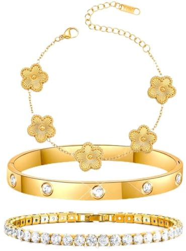 THALASIENE 3 Stück Kleeblatt Armband Gold, 316L Edelstahl Wasserfestes Armband Damen&Kristallen Tennis Armbänder,Armbänder Set Geschenke für Damen