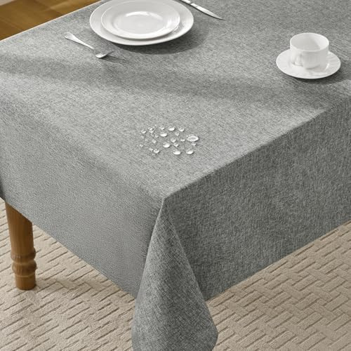 FIBORIA Leinenoptik Tischdecke Outdoor 240x140 cm Abwaschbare Tischdecken Rechteckig Grau Tischtuch Wasserabweisende Gartentischdecke Table Cloth für Frühling,Hochzeiten,Ostern,Party,Geburtstag