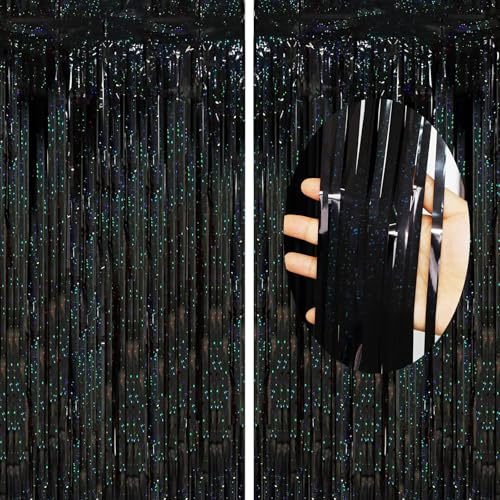 waziwe Lametta Vorhang Schwarz 2.5x1m (2 Stück), Glitzervorhang Lametta Perfekt für Silvester, Karneval, Fasching, Hochzeit Deko und alle Arten von festlichen Dekorationen