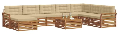 vidaXL Sofagarnituren 9 pcs Natur und Beige Massivholz Akazie, Akazienholz Outdoor-Sofa-Set, modernes Gartenmöbel, Bequeme Liege, modulare Design, Poolbereich geeignet
