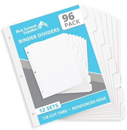 Blue Summit Supplies 96 Binder Dividers, 12 Sets, 8 Tab, Letter, White