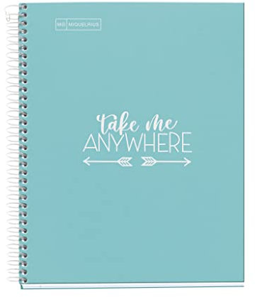 Miquelrius - Taccuino A5, Notebook Messaggi, 1 striscia di colore, 100 fogli a righe, Carta da 90 g/m², 2 fori, Quaderno A5 con copertina rigida, Rilegatura a spirale, Colore blu cielo