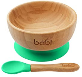 Babi® Baby Kleinkind Schüssel & passendem Löffel-Set, natürlicher Bambus, mit Silikon-Saugnapf (grün)