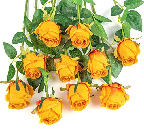 Flojery Lot de 10 Roses artificielles à Longue Tige en Soie pour Bouquet de Mariage, Centre de Table, décoration d'intérieur (Orange)