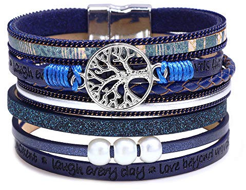 Lederarmband Damen Herren Leder Wickelarmbänder Baum des Lebens Armband mit Magnetverschluss aus Edelstah Bracelet für Frauen & Mädchen (Blau)