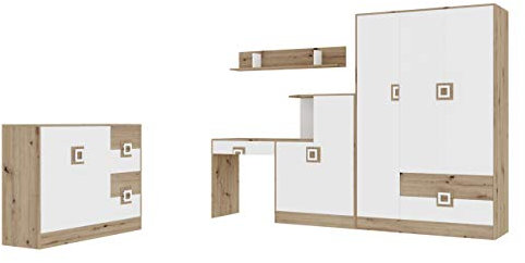 Mirjan24 Jugendzimmer Set Nicola VI, im Set Drehtürenschrank, Kommode, Schreibtisch - Kommode, Wandregal, 4-TLG. komplett (Eiche Hell/Weiß + Eiche Hell)
