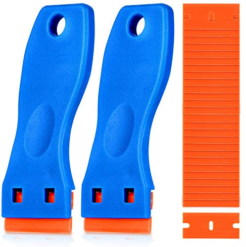 KUSUFEFI Plastic Razor Blade Scraper, 2PCS Scraper Tool with 60PCS Plastic Blades, Cleaning Scraper Remover for Stickers, Decals, Adhesive, Labels, Paint, Glass, Car, Window, Caulk, No Scratches