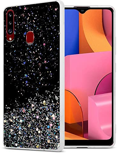 Cadorabo Hülle kompatibel mit Samsung Galaxy A20s Rundumschutz TPU Silikon Case Mädchen Glitzer Strass Design Slim Kratzfest Weiche Gummi Bling Schutzhülle für Samsung Galaxy A20s in Schwarz