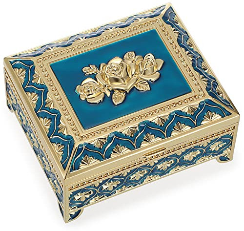 IGNPION Metal Jewelry Box Rose Engraved Trinket Holder Earrings Rings Trinket Storage box Jewelry Keepsake Ornate Display Case Birthday, Wedding, Mothers Days Gifts, Gold+Dark Blue