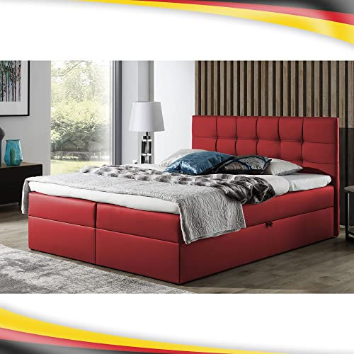 Boxspringbett Doppelbett Leo - Bett mit Bonellmatratze, mit Bettkasten für Bettwäsche und Topper. Widerstandsfähiger und angenehm zu berührender Kunstleder mit Bettkasten (Rot, 180x200)
