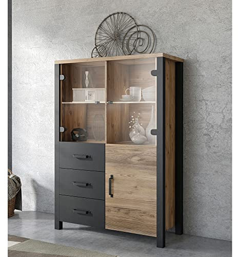 Lomadox Wohn-/Esszimmer Highboard mit LED Beleuchtung in Appenzeller Fichte Nb. mit schwarz super matt, B/H/T ca. 101/146/43 cm