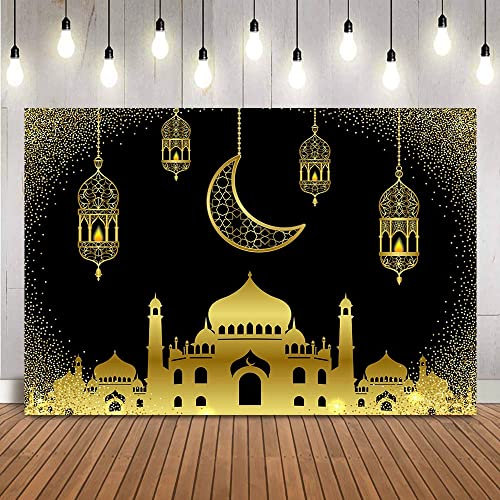 Eid Mubarak Poster, schwarzer Hintergrund, goldene Punkte, Mond, islamische Moschee, Lampen, Ramadan, Kareem, Heimdekoration, Tapete, Fotohintergrund, 180 x 120 cm
