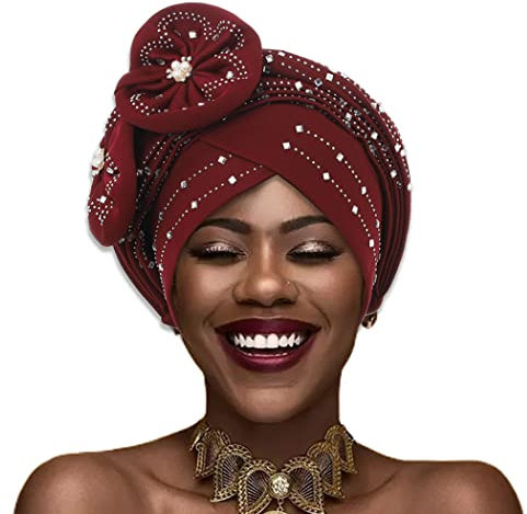 IYOU Beanie Cap Head Wrap Burgundy Strass Kopf Schal Blume Perlen Twisted Head Turban für Frauen Mädchen