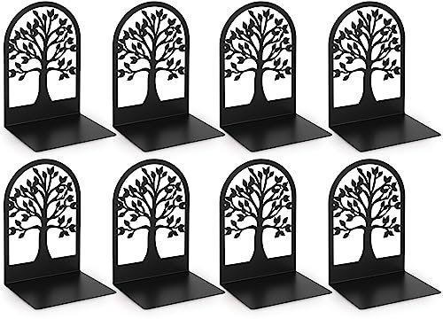 Anhow 4 Paar Buchstütze, Buchstützen Metall Bücherhalter Bookends, Book Holder für Kinder, Schule, Bibliothek - Schwarz/ 12 x 12 x 16,5 cm