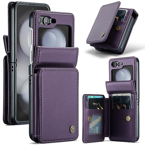 UFinetech Handyhülle für Samsung Galaxy Z Flip 5 2023 - Stoßfeste Kratzfeste Schutzhülle, PU Leder Klapphülle Flip5 5G, Kameraschutz, Kartenfach, Slim Dünne Design, Lila mit Standfunktion