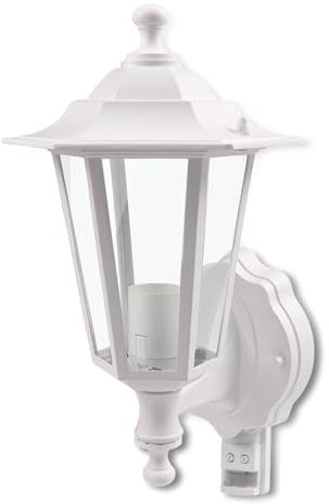EXTRASTAR Outdoor 6 Sided White Wall Lantern Security Light with PIR Motion Sensor Traditional Style Wall Light IP44 with E27 Screw Socket(Bulb not Included)