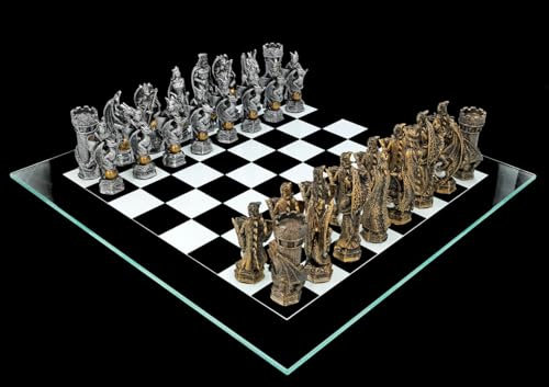 Schachspiel König Arthur Sage Gold vs. Silber - Drachen Ritter Mittelalter Fantasy Schach Set Glasbrett Schachfiguren Figuren