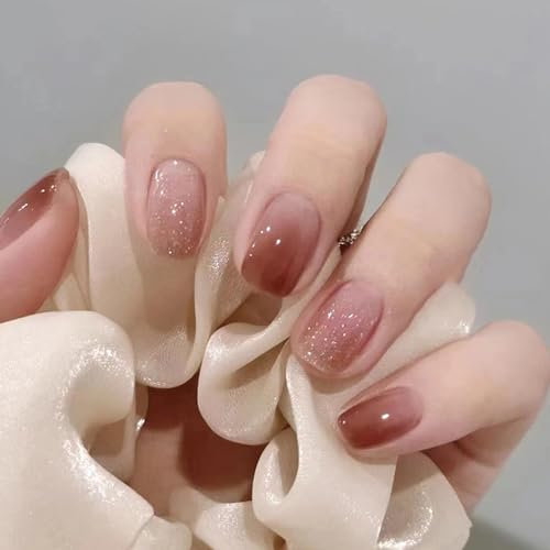 24 Pièces Court Carré Faux Ongles à Presser Français Rouge Marron Gradient Ongles à Coller Couverture Complète Acrylique Press on Nails avec Autocollant à Ongles pour Femme Fille Extensions d'ongles