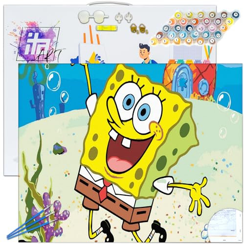 ITA Art Malen nach Zahlen Komplett Set mit Keilrahmen, Acrylfarben, Pinseln, Zubehör, Geschenkbox - DIY Gemälde Bastelset Kit mit Leinwand für Erwachsene, 40x50 cm, Spongebob