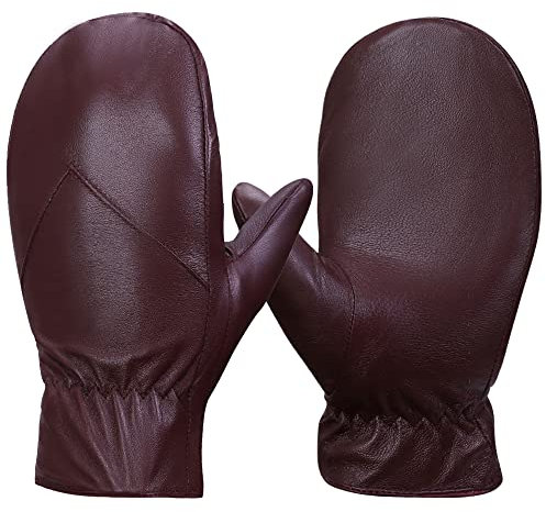 MGGMOKAY Damen Winterhandschuhe Lammfell Fäustlinge Mit Fleece gefüttert,Burgunderrot,M
