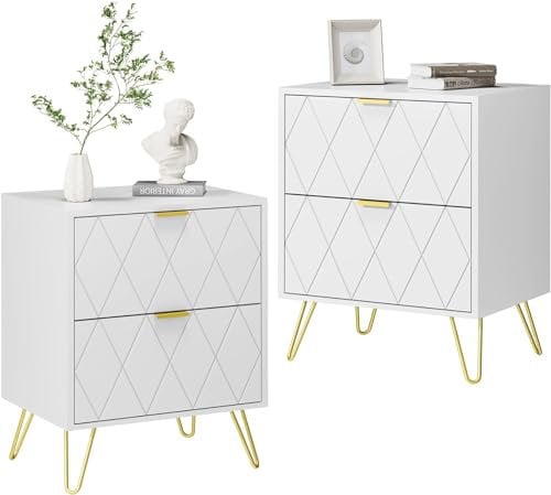 UEV Nachttisch 2er Set, Nachtschrank mit Schubladen, Nachtkommode mit Metallfüße, Sofatisch mit Beine, Beistelltisch für Wohnzimmer Schlafzimmer, 40x30x52cm, Weiß und Gold