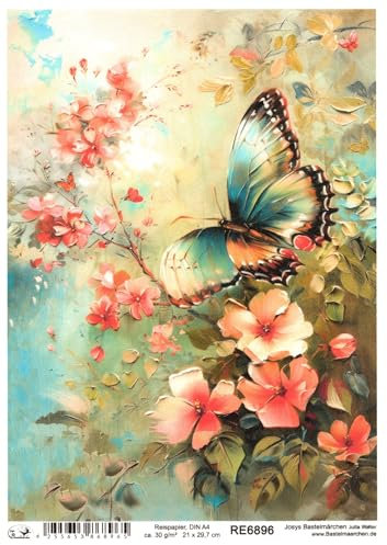 Josys Bastelmärchen Reispapier A4 Strohseide Decoupage Bunte Blumen Vintage Schmetterling RE6896