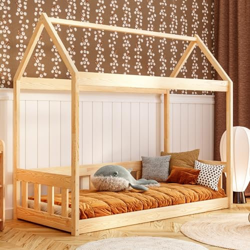 YOUKO Hausbett Kinder Ben 180x90 aus Kiefernholz - Kinder Bett Für einen Jungen und ein Mädchen - Montessori Bett Schlichten Stil - Hausbett Varnish