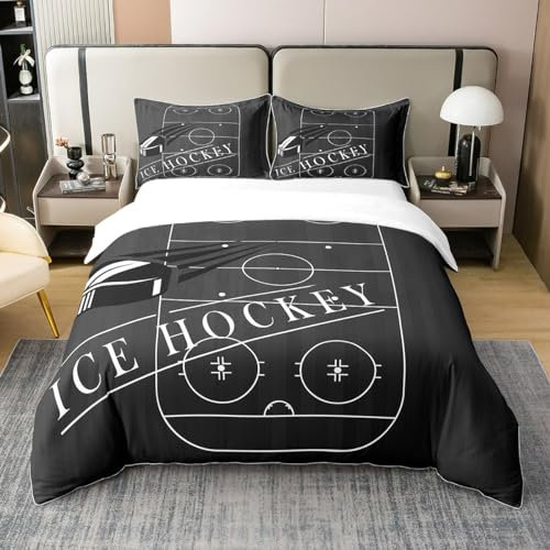 100% Baumwolle Ice Hockey Bettbezug für Jungen Kinder Sport Bett Set,Eishockey Rink Bettbezug Schwarz Bettwäsche Sets 200x200 Ball Spiel Gaming Gamer Bettbezug mit 2 Kissenbezüge