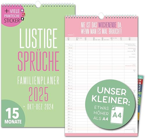 Kleiner Familienkalender 2025 5 Spalten LUSTIGE SPRÜCHE 19,5 x 32,5cm Familienplaner 2025 und Okt-Dez 2024 Wandkalender Wandplaner 2025 STICKER Recycling Urlaub, Pflanzkalender Witzig Spruch Humor