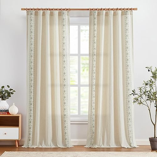 Vangao Leinen Gardinen Vorhänge Stickerei, Vorhang Wohnzimmer Gardine mit Verdeckten Schlaufen Küche Vorhang Boho Vintage Blumen Bauernhaus Schlafzimmer Lichtfilterung 2er Set Grün 140B x 245H(cm)
