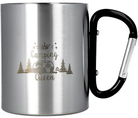 Spruchreif | Doppelwandige Edelstahltasse mit Karabinerhaken und hochwertiger Gravur | Outdoor Gadgets | Geschenk Camping | „Camping Queen“ - 300 ml
