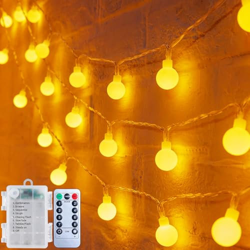 Lichterkette innen Batterie 10m 100 LEDs Lichterketten Kugeln mit Timer, 8 Modi, Fernbedienung, Klein LED Lichterkette außen Dimmbar für Kinderzimmer Weihnachten Camping Balkon Party Deko, Warmweiß