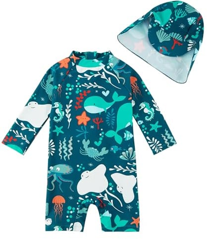 upandfast Maillot de Bain Une pièce avec Fermetures éclair pour bébé garçons Maillot de Bain pour bébé Protection Solaire UPF 50+ avec Chapeau de Soleil