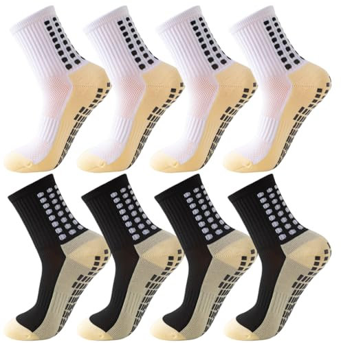 HYRKOTW 4 Paia Calze Calcio Antiscivolo Uomo 37-45 Calze Antiscivolo Calcio Anti Vesciche Addensare Cotone Calzini Sportivi Donna Traspirante Calzini Grip Calcio per Ciclismo Trekking (Nero+Bianco)
