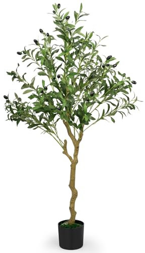 POFIBO Olivenbaum Künstlich - 120cm Kunstpflanze mit Früchten, Realistischer Kunstbaum mit Laub & Moos Deko für Innen & Außen, Pflegeleicht, Natürliche Optik als Deko für Wohnzimmer, Büro, Terrasse