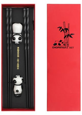 Palillos de panda, 2 pares de palillos chinos para comer panda, palillos chinos con caja de regalo (estilo bambú)