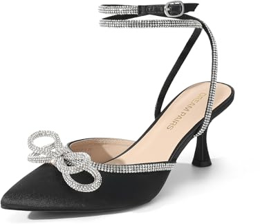 DREAM PAIRS Kitten Rhinestone Bow Ankle Strap Closed Heels | 2.76 heel Stiletto Pointed Women Pumps Wedding Bridal Party Dress Shoes