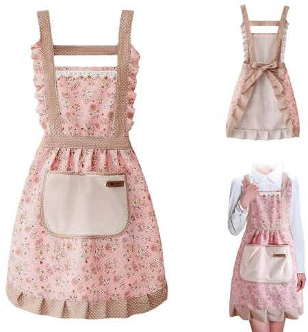 LIUQOBN Cooking Aprons For Women Adjustable, Kitchen Apron, Women Baking Canvas Apron Vintage Floral Aprons Cooking Apron with Hand Wipe and Pocket for Cooking BBQ Baking Gardening (Pink)