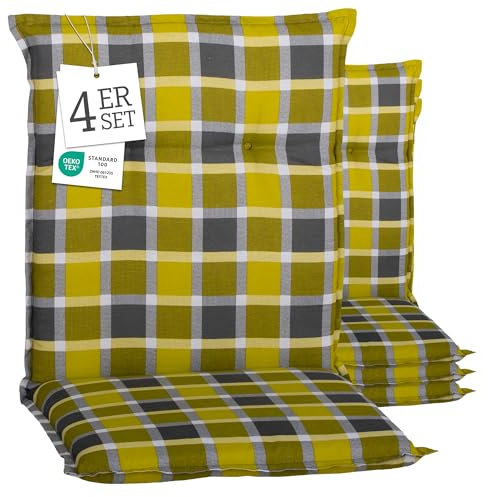 Beo® Barcelona Niedriglehner Gartenstuhlauflagen 4er Set | Waschbar & UV-beständig | Atmungsaktive Sitzkissen Outdoor | Öko-Tex Standard | Made in EU, gelb/grau kariert