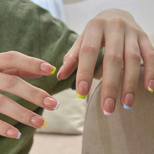 Press On Nails French Tip - 24pcs Square False Nails - Colorful French Tip Nails - Pastel Acrylic Fake nails With Glue - Full Cover Spring Summer Stick On nails For Women Girls