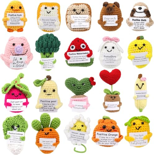 20 Stück Positive Motivationsfiguren, Handgemachte Häkel-Deko Früchte Tiere mit Grußkarten, Kreative Schreibtisch Deko Stressabbau Glücksbringer, Inspirierende Geschenke für Freunde und Kollegen