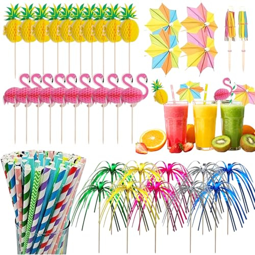 100-Piece Tropical Cocktail Decor Set with Umbrellas, Straws & Themed Sticks for Summer Parties, Beach Events & Celebrations