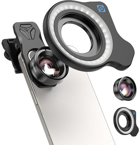 APEXEL HB100-HD Mobile Macro Lens, F1.8 with 45 Fill Light Modes, 10X Mobile Phone Lens with Phone Clip, Compatible with iPhone 17/16/15, Samsung, Google Pixel, and Other Smartphones