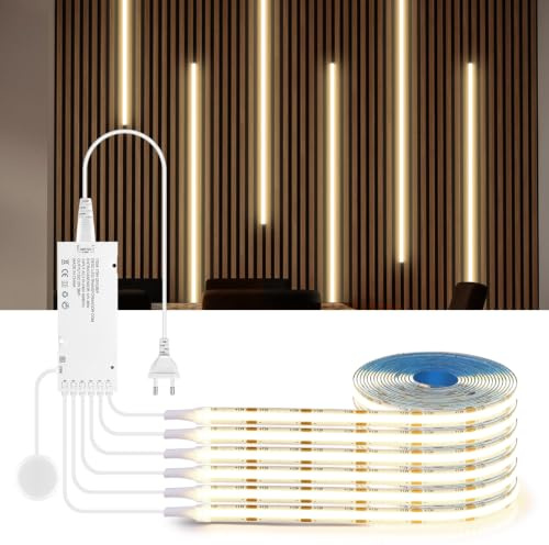 AIMENGTE COB LED Strip 2m, 6 Rollen 12V Akustikpaneele Schneidbar COB LED Streifen, with Berühren und Hand Sweep Dimmer Schalten, für Weinschränke, Regale, Schränke (Natürliches Weiß, 2m)