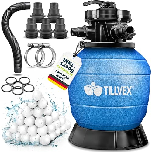 tillvex® Sandfilter Pool ohne Pumpe + Filterbälle | Filterkessel Poolfilter inkl. Adapter Ø32-38mm | Sandfilterkessel + 7-Wege-Ventil, Manometer & Saugschlauch (Blau, Bis 50 m³ (50.000 Liter) Pools)